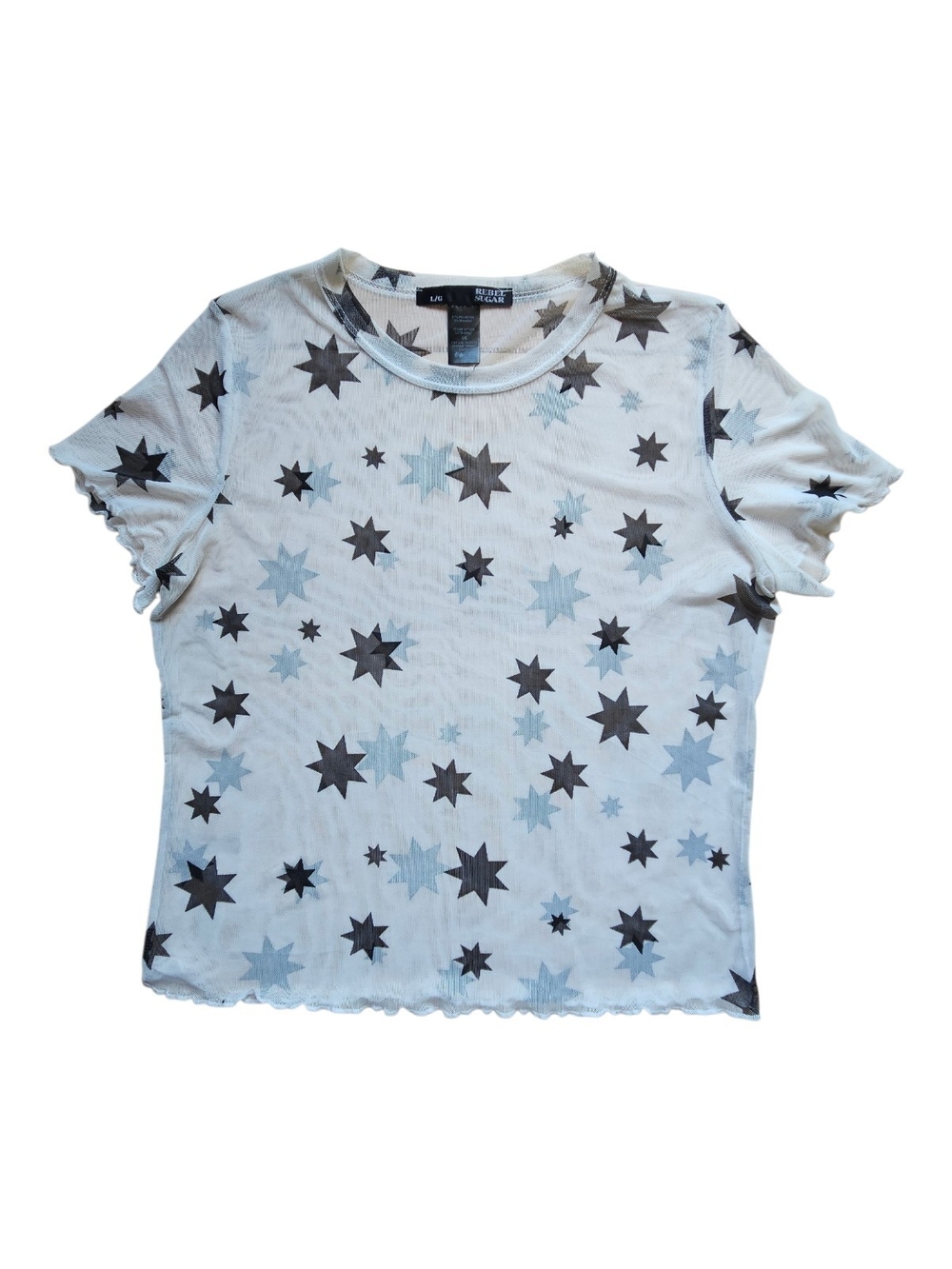 Rebel Sugar Sheer Mesh Star Print Lettuce Hem Top Y2K Size L/G